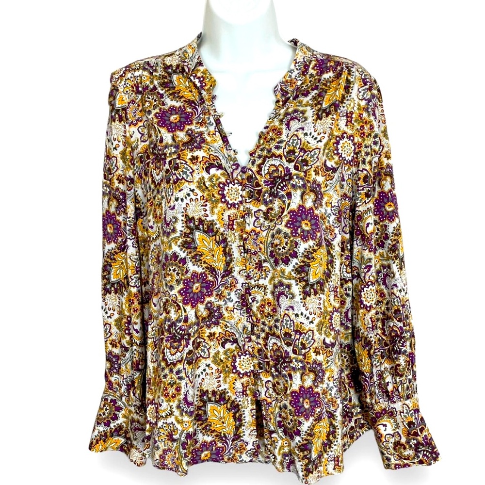 Soft Surroundings‎ Blouse Purple Paisley Floral Gold Metallic Floral Boho Sz XL